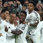 Ferland Mendy bersama pemain Real Madrid lainnya merayakan gol Kylian Mbappe