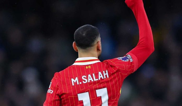 Mohamed Salah merayakan gol ke gawang Manchester City