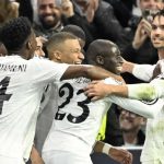 Para pemain Real Madrid merayakan gol Kylian Mbappe