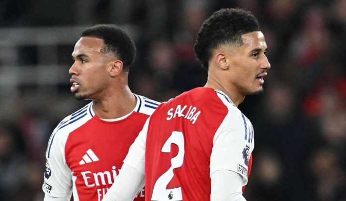 William Saliba bersama Gabriel di laga Arsenal v Manchester Cit