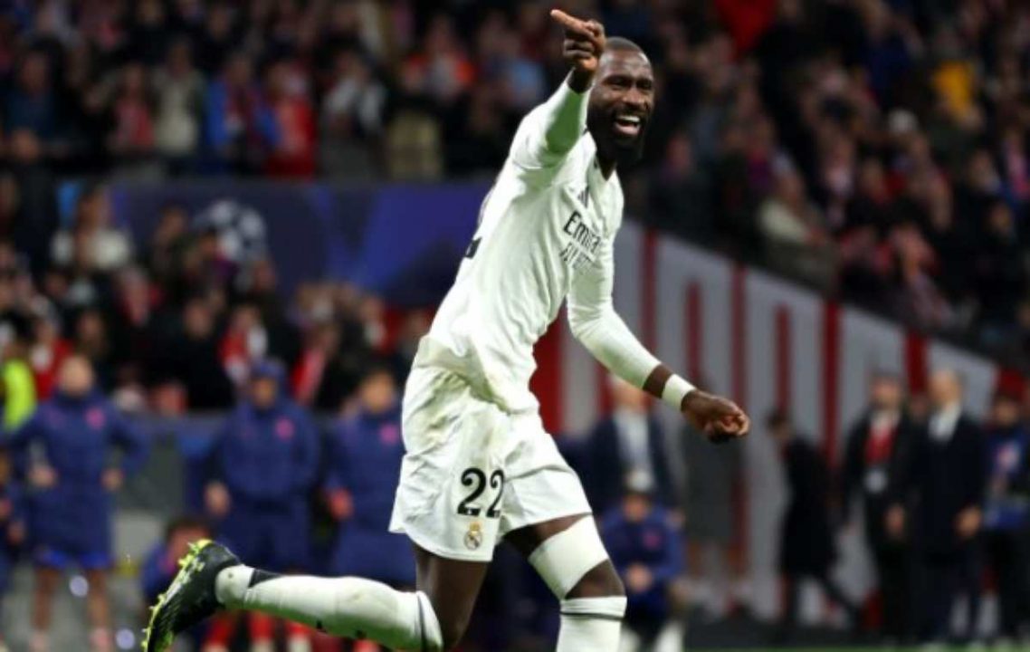 Antonio Rudiger usai mencetak gol penalti di laga Atletico vs Real Madrid