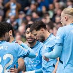Para pemain Manchester City merayakan gol ke gawang Brighton