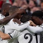 Para pemain Real Madrid merayakan gol ke gawang Atletico Madrid