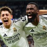 Antonio Rudiger merayakan gol bersama Arda Guler