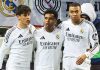 Arda Guler, Rodrygo, dan Kylian Mbappe merayakan gol bersama