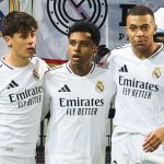 Arda Guler, Rodrygo, dan Kylian Mbappe merayakan gol bersama