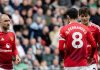 Bruno Fernandes, Victor Lindelof, dan Chrisrian Eriksen selama laga Newcastle United vs Manchester United