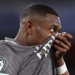 Ekspresi David Alaba selama laga Arsenal vs Real Madrid