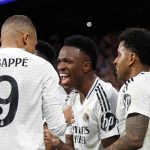 Kylian Mbappe, Vinicius Junior, Rodrygo dan Jude Bellingham merayakan gol ke gawang Manchester City