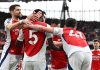Para pemain Arsenal merayakan gol Thomas Partey