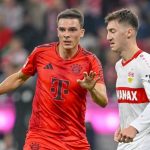 Angelo Stiller berduel dengan Joao Palhinha di laga Stuttgart vs Bayern Munchen