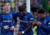 Cole Palmer merayakan gol bersama Noni Madueke dan Jadon Sancho