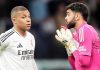 David Raya bersama Kylian Mbappe di laga Real Madrid vs Arsenal