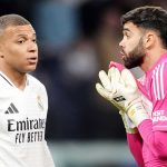David Raya bersama Kylian Mbappe di laga Real Madrid vs Arsenal