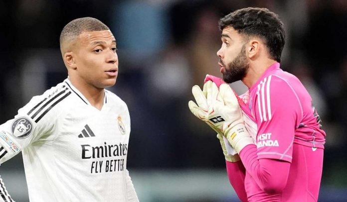 David Raya bersama Kylian Mbappe di laga Real Madrid vs Arsenal
