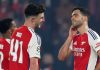 Ekspresi kekecewaan Mikel Merino dan Declan Rice usai kekalahan Arsenal dari PSG