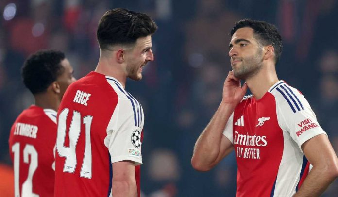 Ekspresi kekecewaan Mikel Merino dan Declan Rice usai kekalahan Arsenal dari PSG