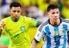 Enzo Fernandez menghindari kejaran Rodrygo di laga Argentina vs Brasil