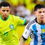 Enzo Fernandez menghindari kejaran Rodrygo di laga Argentina vs Brasil