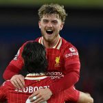 Harvey Elliot merayakan gol bersama Dominik Szoboszlai