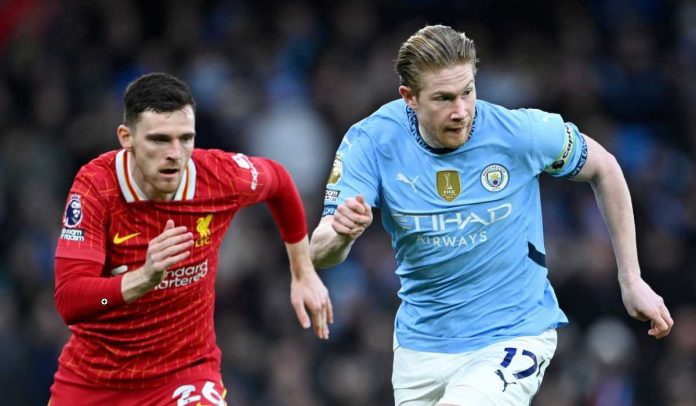 Kevin de Bruyne menggiring bola dibayangi Andrew Robertson