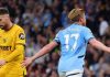 Kevin de Bruyne merayakan gol ke gawang Wolves