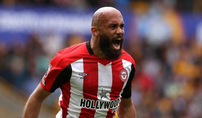 Bryan Mbeumo merayakan golnya di laga Wolverhampton Wanderers v Brentford
