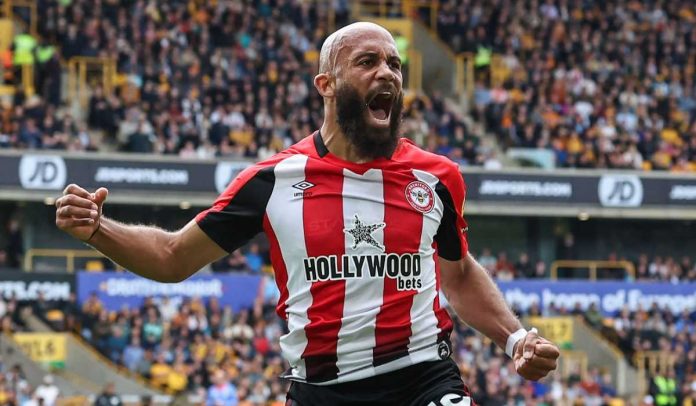 Bryan Mbeumo merayakan golnya di laga Wolves vs Brentford