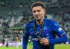Jadon Sancho merayakan gelar juara Liga konferensi Eropa