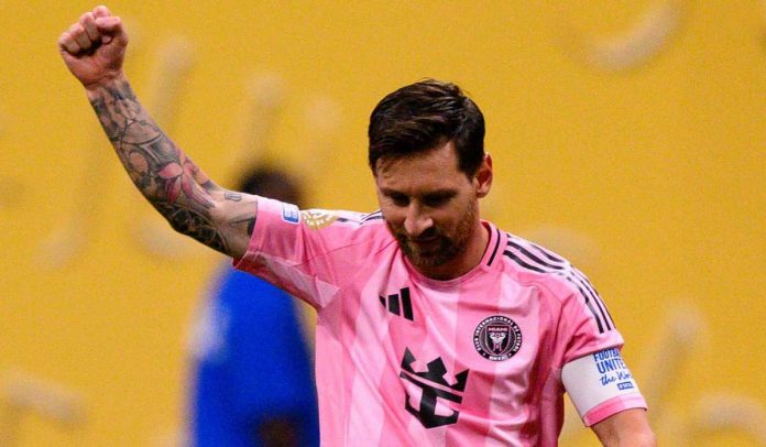 Lionel Messi merayakan golnya untuk Inter Miami