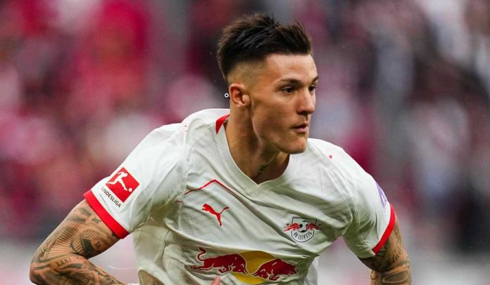 Aksi Benjamin Sesko di laga RB Leipzig vs VfB Stuttgart