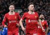 Diogo Jota merayakan gol bersama Curtis Jones dan Mohames Salah