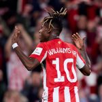 Nico Williams merayakan gol di laga Athletic Club vs AS Roma