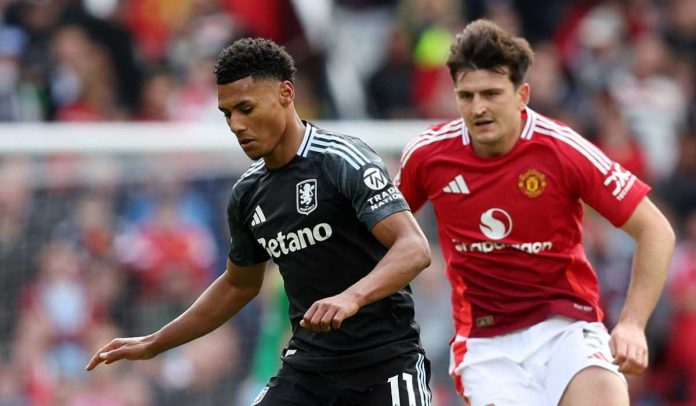 Ollie Watkins menguasai bola dikawal Harry Maguire