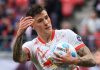 Striker Leipzig Benjamin Sesko merayakan gol ke gawang Holstein Kiel
