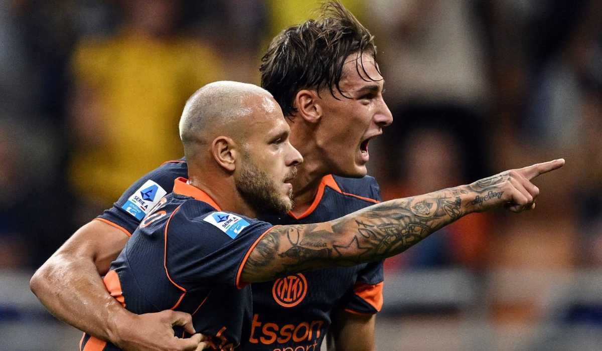 Federico Dimarco merayakan gol bersama Pio Esposito Federico Dimarco merayakan gol bersama Pio Esposito