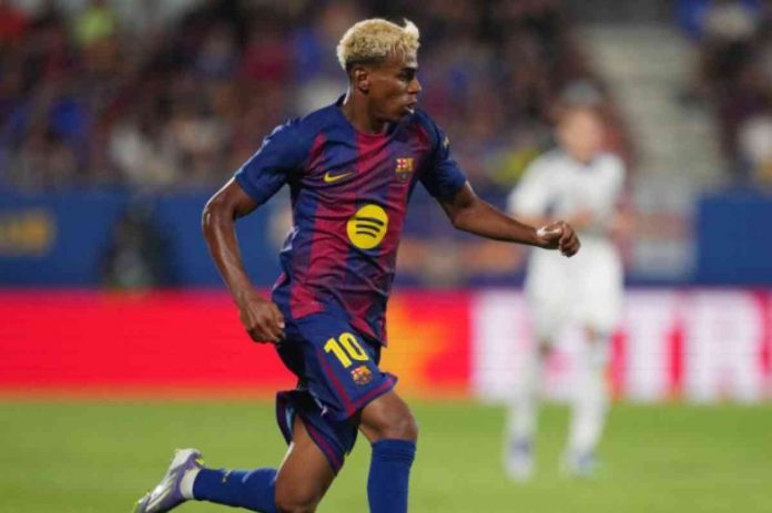 Lamine Yamal dalam sebuah aksinya untuk Barcelona