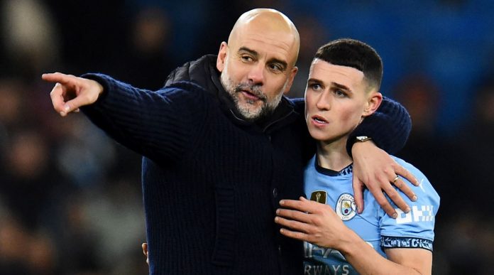 Phil Foden dan Pep Guardiola manajer Manchester City