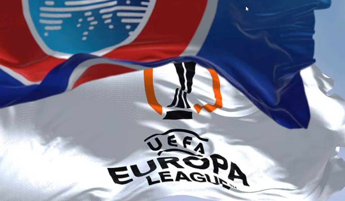 Bendera Liga Europa berkibar bersama bendera UEFA Bendera Liga Europa berkibar bersama bendera UEFA