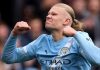 Erling Haaland merayakan gol ke gawang Everton