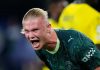Erling Haaland merayakan gol ke gawang Villarreal