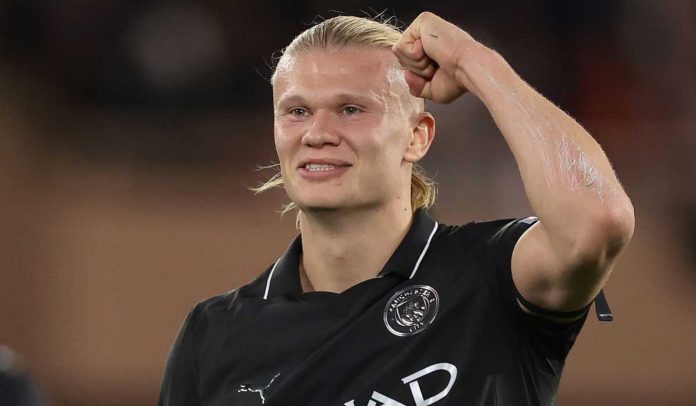 Erling Haaland merayakan golnya ke gawang AS Monaco