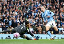 Erling Haaland saat mencetak gol ke gawang Manchester United