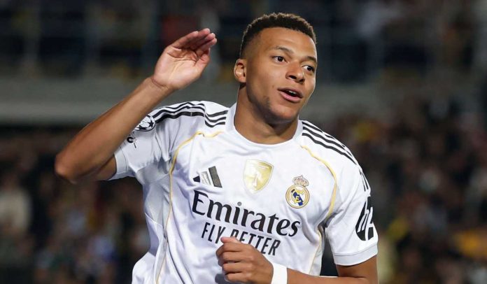 Kylian Mbappe merayakan golnya untuk Real Madrid