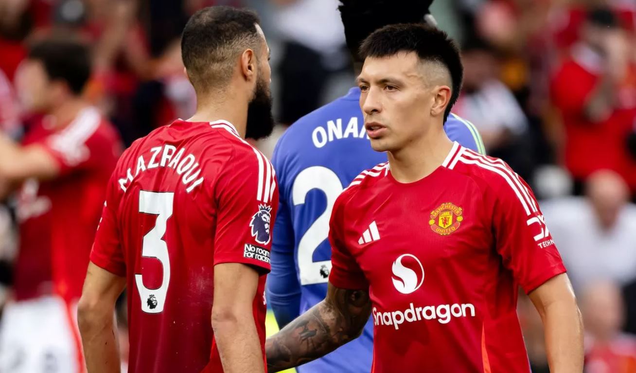 Noussair Mazraoui dan Lisandro Martínez pemain Manchester United Noussair Mazraoui dan Lisandro Martínez pemain Manchester United
