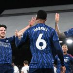 Para pemain Arsenal merayakan gol ke gawang Fulham