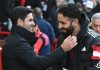 Ruben Amorim dan Mikel Arteta saling menyapa usai laga Manchester United vs Arsenal