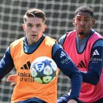 Viktor Gyokeres dan Cristhian Mosquera di sesi latihan Arsenal
