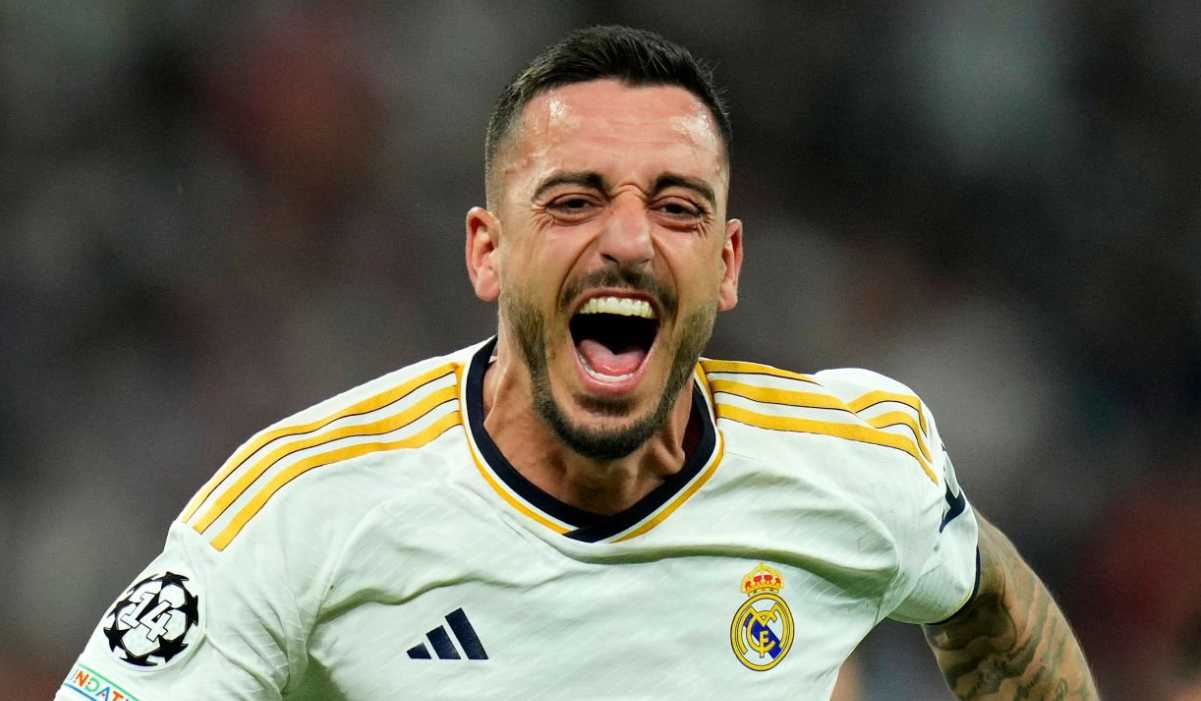 Joselu merayakan golnya untuk Madrid ke gawang Bayern Munchen