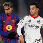 Barcelona Laporkan Kerusakan Camp Nou dan Minta UEFA Beri Sanksi Berat untuk Fans Frankfurt Lamine Yamal berebut bola dengan Nathaniel Brown